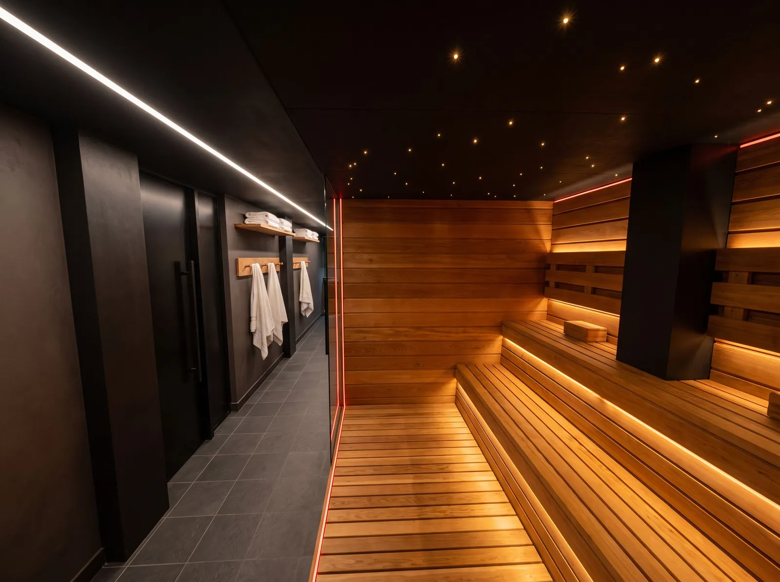 Wet zone del Recovery Club con sauna de madera