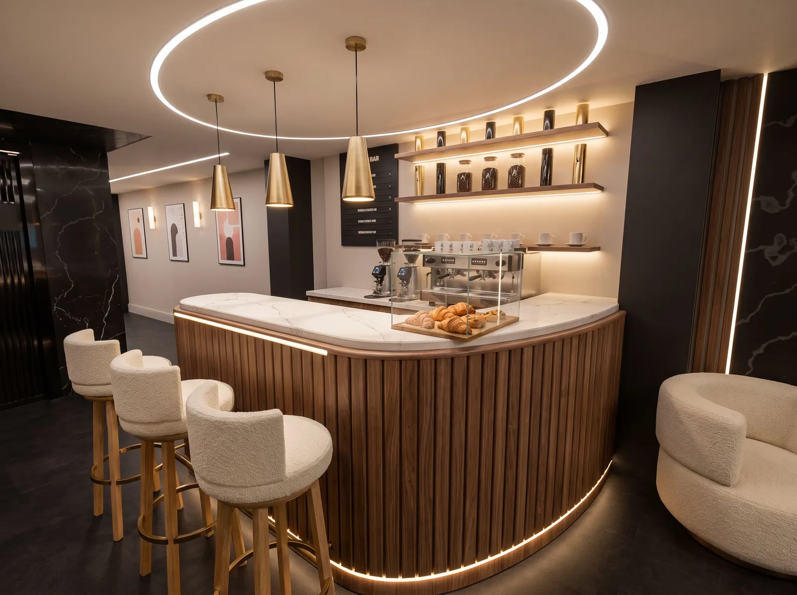 Coffee bar con barra y taburetes